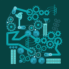 Fototapeta premium Complex mechanism, machine, engineering equipment with gear wheels, connecting rods and belt drives. Industrial fantasy. Vector illustration