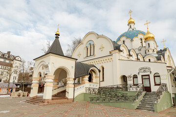 Orthodox church roof background gold domes with cross landscape Religious building architecture of Eastern Europe
