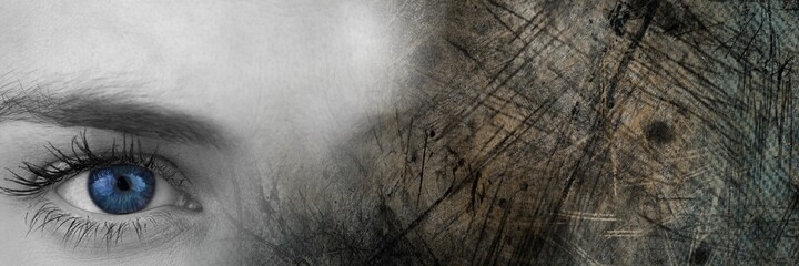 Composite image of close up of a female eye and grunge effect textured background
