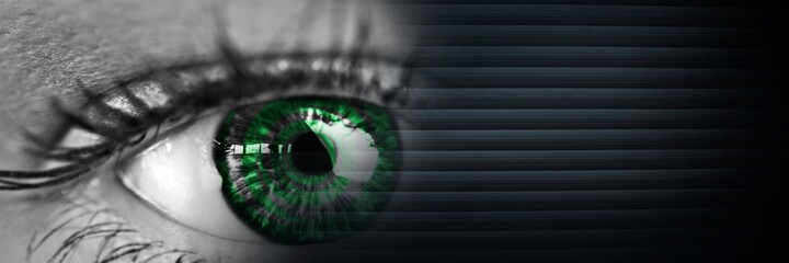 Composite image of close up of a male eye and striped grey background