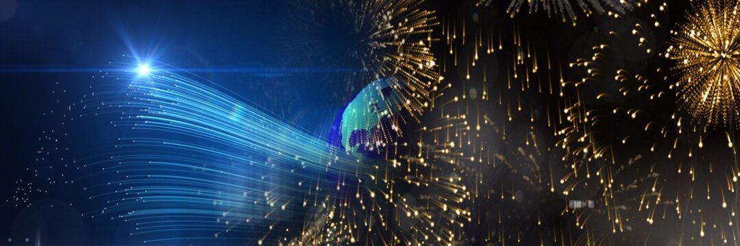 Composite image of fireworks and digital light trails against blue background