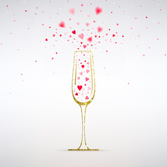 Golden Glass of Champagne with Red Hearts Fireworks