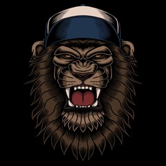 Angry lion wearing hat vector illustration