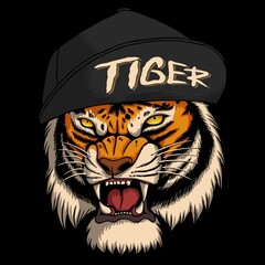 Angry tiger wearing cool hat vector illustration