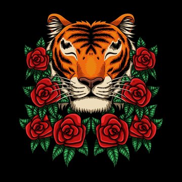 Smile tiger with rose flower vector illustration