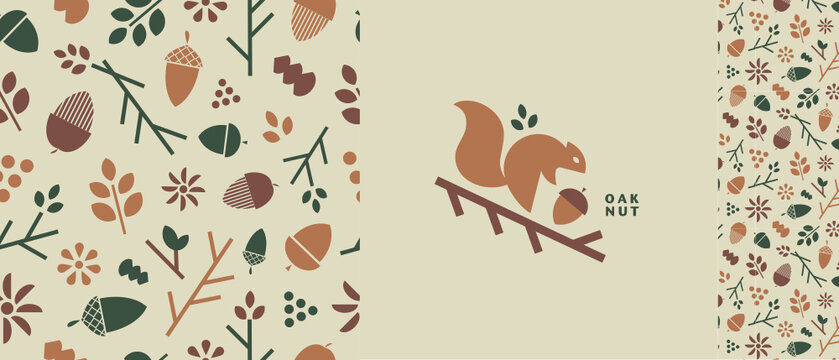 Visual identity for an eco-responsible brand, with squirrel logo, acorn icon and a floral and gourmet pattern. 
