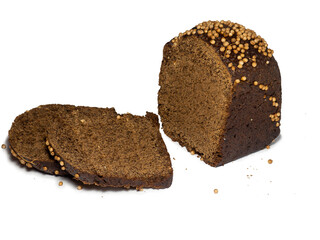 Sliced black bread sprinkled with coriander.   Flour product. Bread with spices on white background