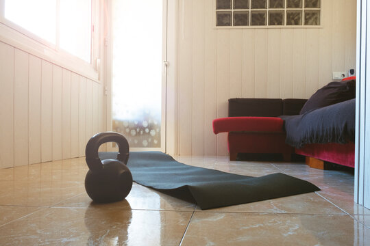 Home gym concept. Instruments to do gymnastics indoors.