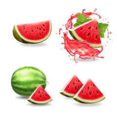Watermelon realistic set, 3d ripe slice in watermelon juice splash vector - 475574013