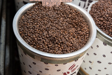 Coffee beans in large container at Mahane Yehuda Market in Jerusalem, Israel
