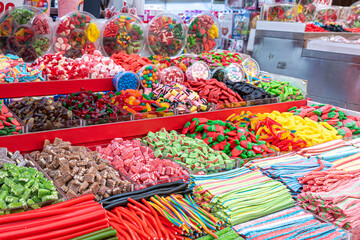 Assorted colorful candy at Mahane Yehuda Market in Jerusalem, Israel.
