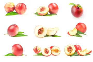 Collage of beautiful ripe peaches isolated on a white cutout