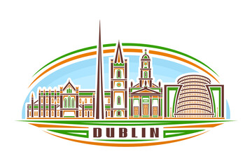 Fototapeta premium Vector illustration of Dublin, horizontal logo with linear design orange dublin city scape on day sky background, famous urban line art concept with decorative lettering for brown word dublin on white
