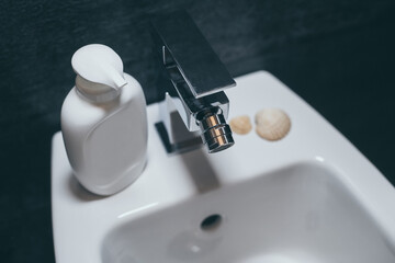 Closeup view of a bidet with towel, soap dispenser and shells. Modern environment bathroom fixtures...