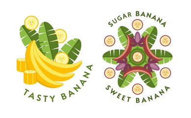 Set of logos, emblems, badges with yellow, red bananas, banana flowers, leaves, slices, bunch of bananas. Isolated vector illustration. Good for decoration of food package, creation of stickers. Flat