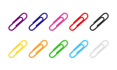 3d realistic vector set of metal paper clips. Purple, red, blue, black, white, green, yellow, orange, pink. Isolated on white background. Editable vector illutration