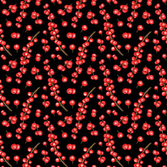 Ilex tree Branch Seamless Pattern. Winter leafless Holly twig with Red Berries. Hand drawn black botanical background for Christmas holiday print, scrapbooking, wrapping paper, fabric, textile