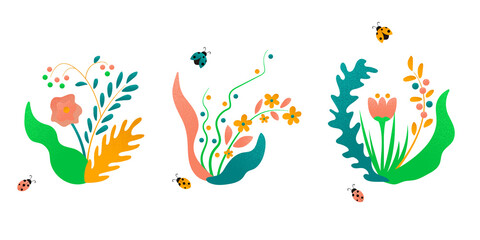 Fototapeta na wymiar Set of abstract bright spring flowers with twigs, bugs and leaves. Grain effect, hand draw flat elements. Cartoon doodle style vector illustration. Tropical design with particle texture