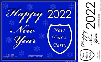 Invitation card - New Year's party. Happy New Year 2022. COVID-19 free zone. Design of a postcard or ticket.