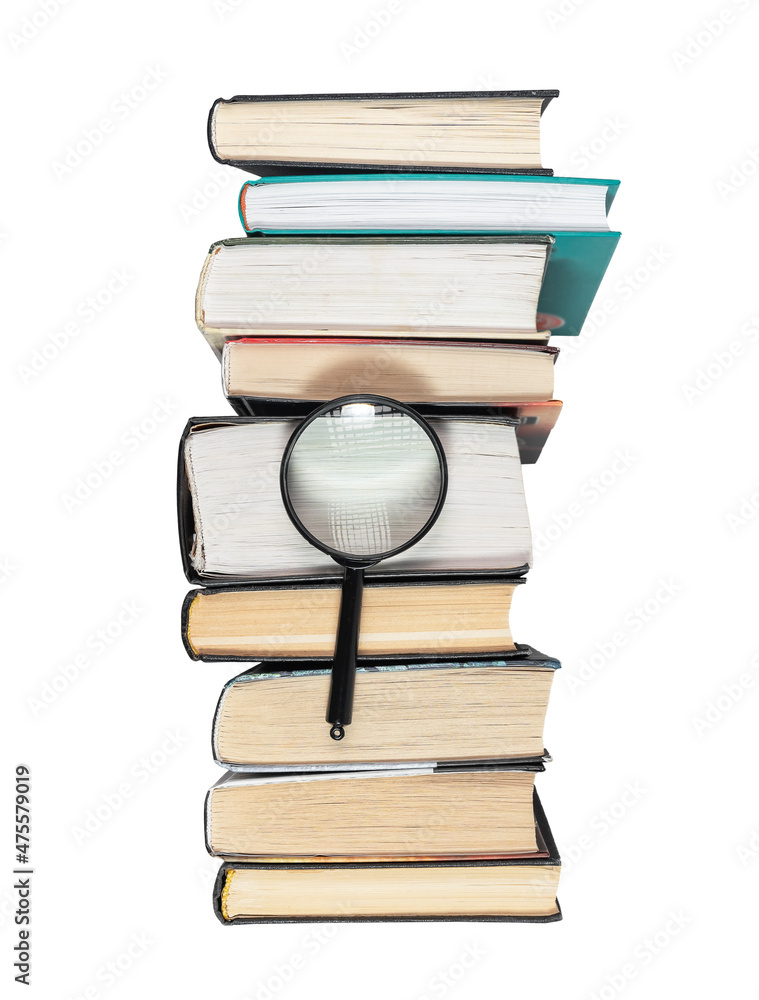 Poster magnifying lens over books stack isolated on white background. concept of knowledge and studying.