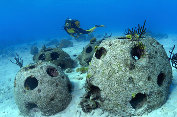 Collection of artificial reef balls Curacao Island NA.