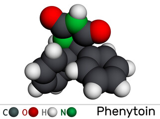 Phenytoin, PHT, diphenylhydantoin molecule. It is anticonvulsant, anti-epileptic, anti-seizure drug, hydantoin derivative. Molecular model. 3D rendering