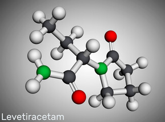 Levetiracetam molecule. It is pyrrolidine, anticonvulsant medication used to treat epilepsy. Molecular model. 3D rendering