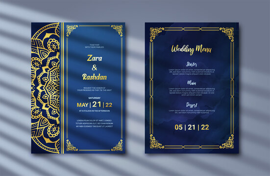 Luxury wedding invitation card with Baroque frame and golden mandala ornament on dark blue background. Islamic invitation template