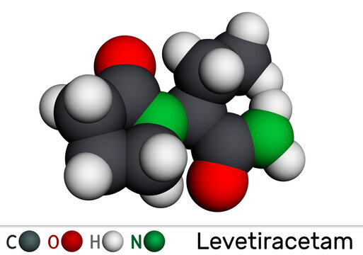 Levetiracetam molecule. It is pyrrolidine, anticonvulsant medication used to treat epilepsy. Molecular model. 3D rendering