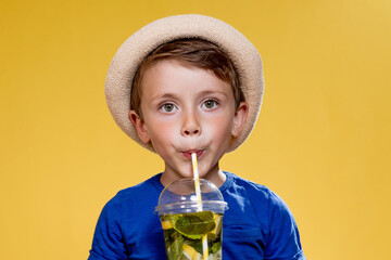 Portrait of a beautiful boy. Happy child. European boy in a hat, summer t-shirt with lemonade....