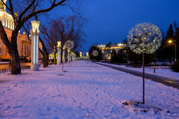 New Year's and Christmas light sculptures in the Northern rose garden of VDNKh, Moscow, Russian Federation, December 04, 2021