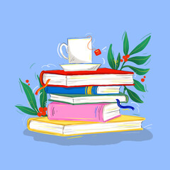 cup of tea on books with flowers