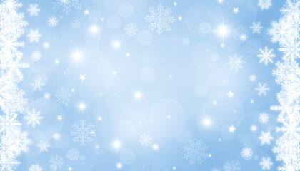 Shiny white frame with snowflakes on a light blue bokeh background with stars and sparkles. Festive Christmas banner