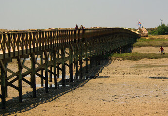 A wooden bridge above a backwater at low tide and sand dunes, in the Ria Formosa Natural Park, Algarve, Portugal