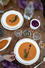 Vegetable cream based on pumpkin and red lentils. Meal with vegetable protein. Homemade and healthy food