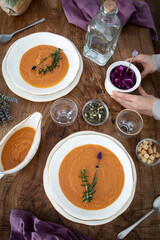 Vegetable cream based on pumpkin and red lentils. Meal with vegetable protein. Homemade and healthy food