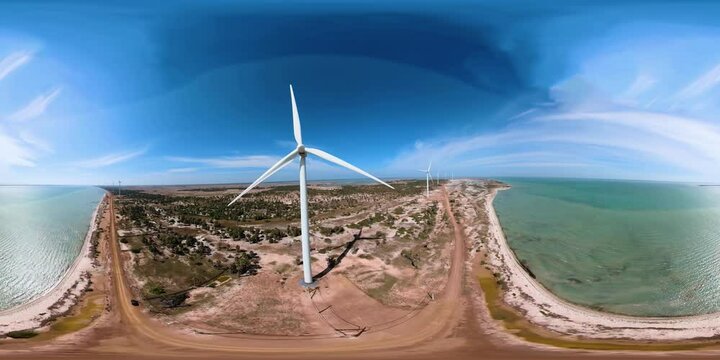 Aerial view of Group of windmills for renewable electric energy production. Sri Lanka. 360 panorama VR. Wind Power Station.
