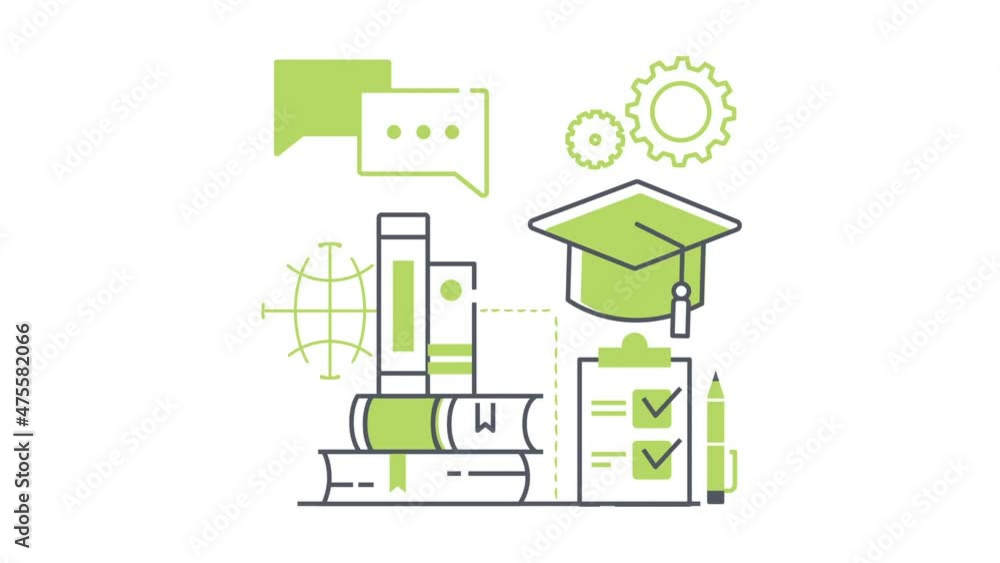 Poster education web video concept. moving clip with books, list of tasks, graduate cap and speech bubble. 