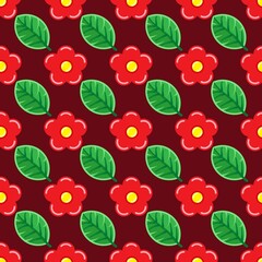 Fototapeta na wymiar Red flower and green leaves, seamless pattern on the crimson background. Vector illustration. Wrapping paper. 