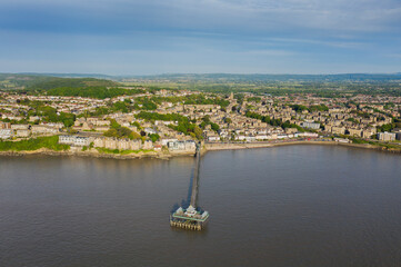 summer day over Clevedon Pier, south west uk, picture taken with dron from sea