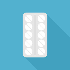 Pills in blister package with long shadow. Pharmacy, medicine, health care, cure, drug, addiction and illness concept. Flat design. Vector illustration. EPS 8, no gradients, no transparency
