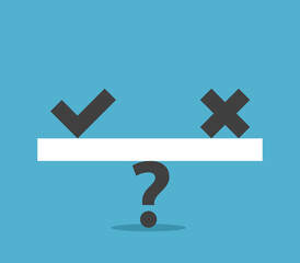 Check mark and cross on question, balance. True, false, fake, decision, hesitation, voting, election, choice, yes and no concept. Flat design. Vector illustration. EPS 8, no gradients, no transparency