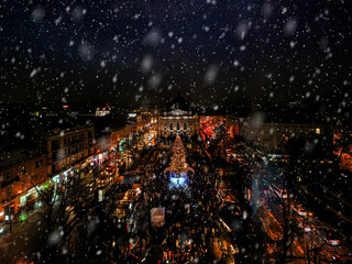  Opening of Christmas tree near Opera House in Lviv, Ukraine. View from drone