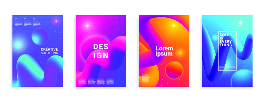 Four isolated posters with abstract tentacles in space. Shining stars, planets. Geometric future template for flyer, poster, brochure and invitation. EPS, Vector.