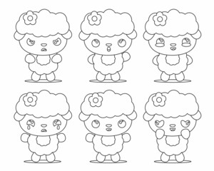 Set of linear cute sheep with different emotions