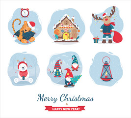 Set of Christmas Illustrations. Deer with garland. Little bear with a cup. Three funny gnomes. Gingerbread house. A little angel flies over the city. Lantern with burning candle.