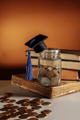 Glass jar with coins with graduation hat on books, back to school concept