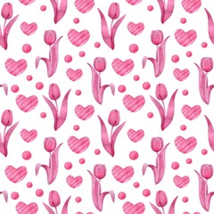 Delicate seamless pattern, pink decorative tulips with hearts on a white background, watercolor painting