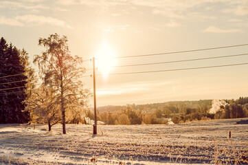 Scenic view of a winter sunset in the countryside