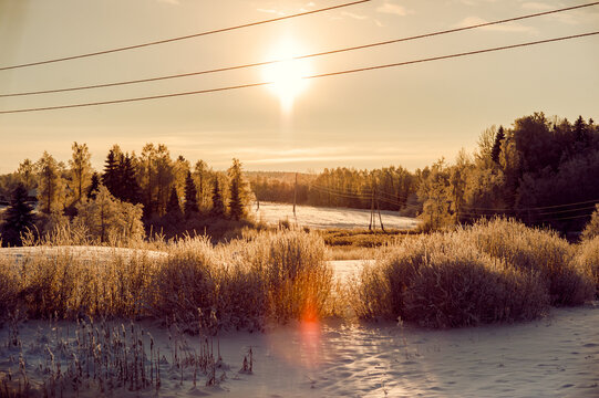 Scenic view of a winter sunset in the countryside
